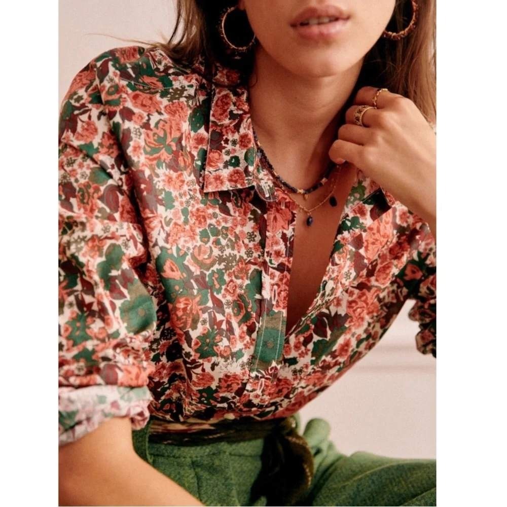 Sezane Pierro Button Down Shirt Organic Cotton Long Sleeve Floral Peach 34 XS